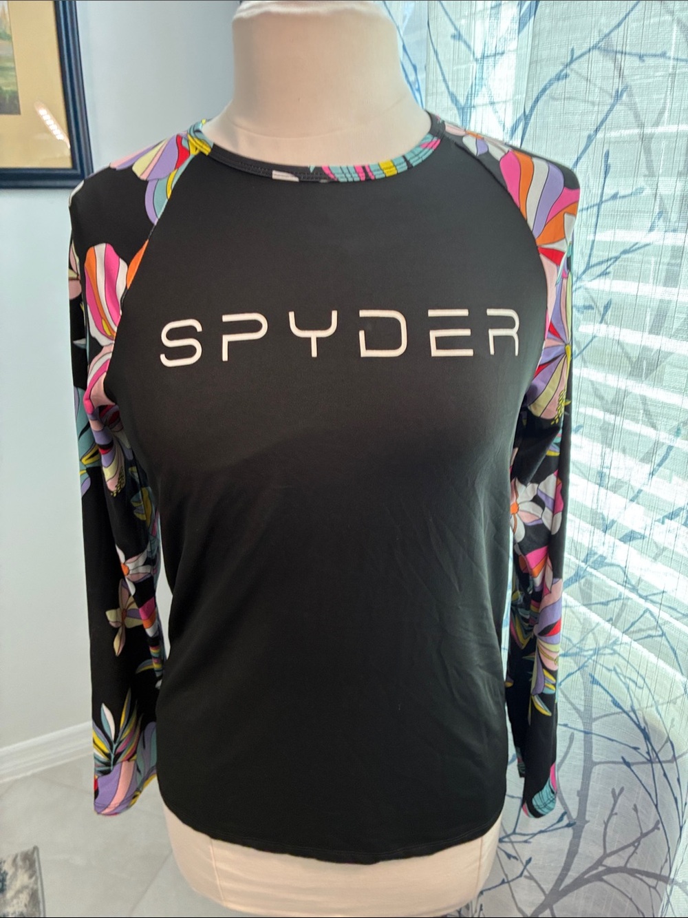 Spyder Black Long-Sleeve Performance Top with Multicolor Floral Sleeves